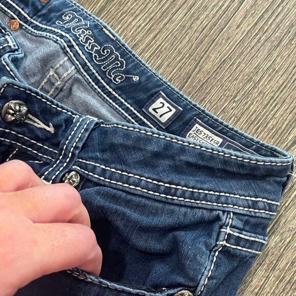 Miss Me Easy Skinny Jeans Mid Rise Embroidered Rhinestone Dark Wash Blue Size 27 - Picture 3 of 12